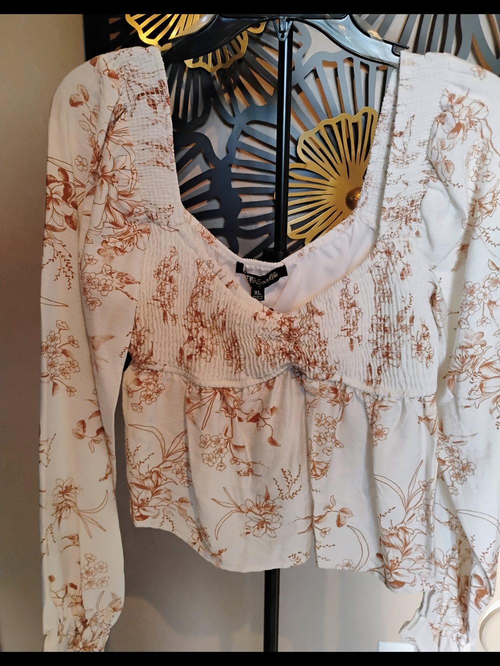Smocked Floral Peplum Blouse - Size XL White with Brown Floral